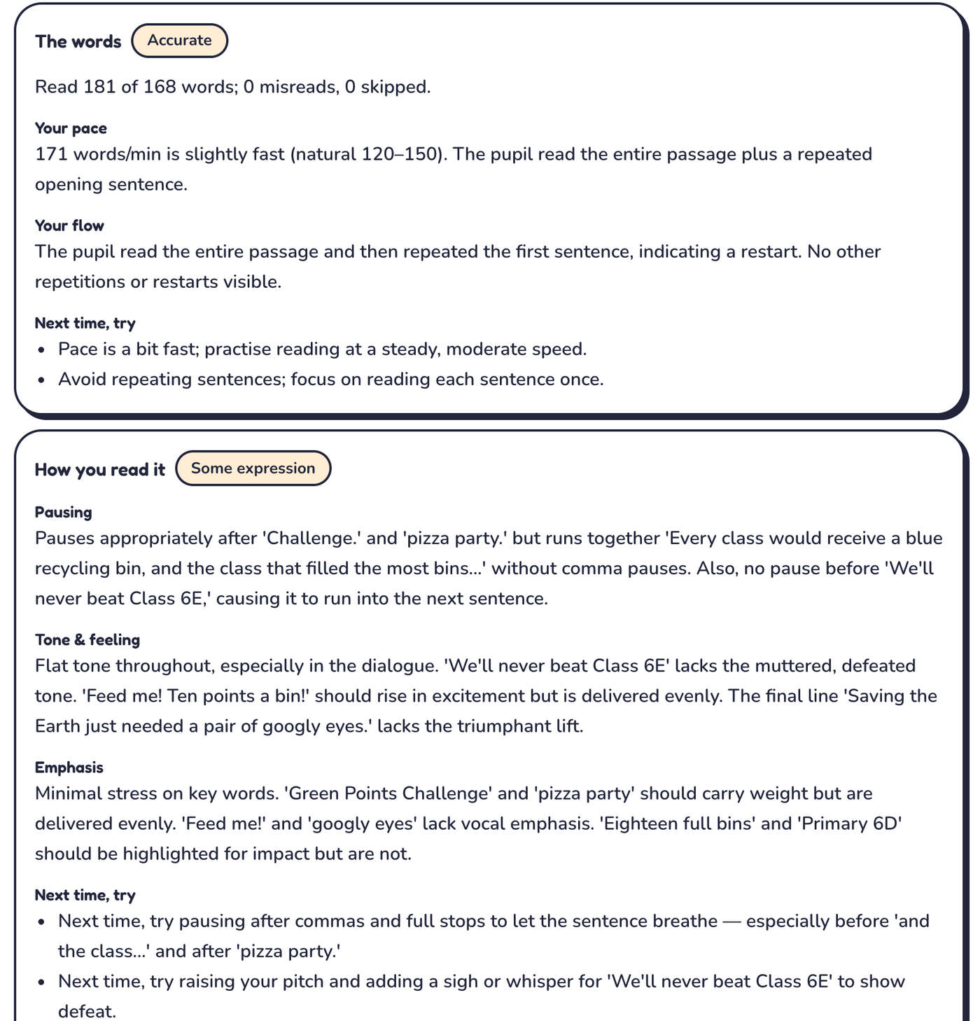 The AI marking: a words card graded 'Accurate' reporting words read, misreads and pace, and an expression card graded 'Some expression' with notes on pausing, tone and emphasis.