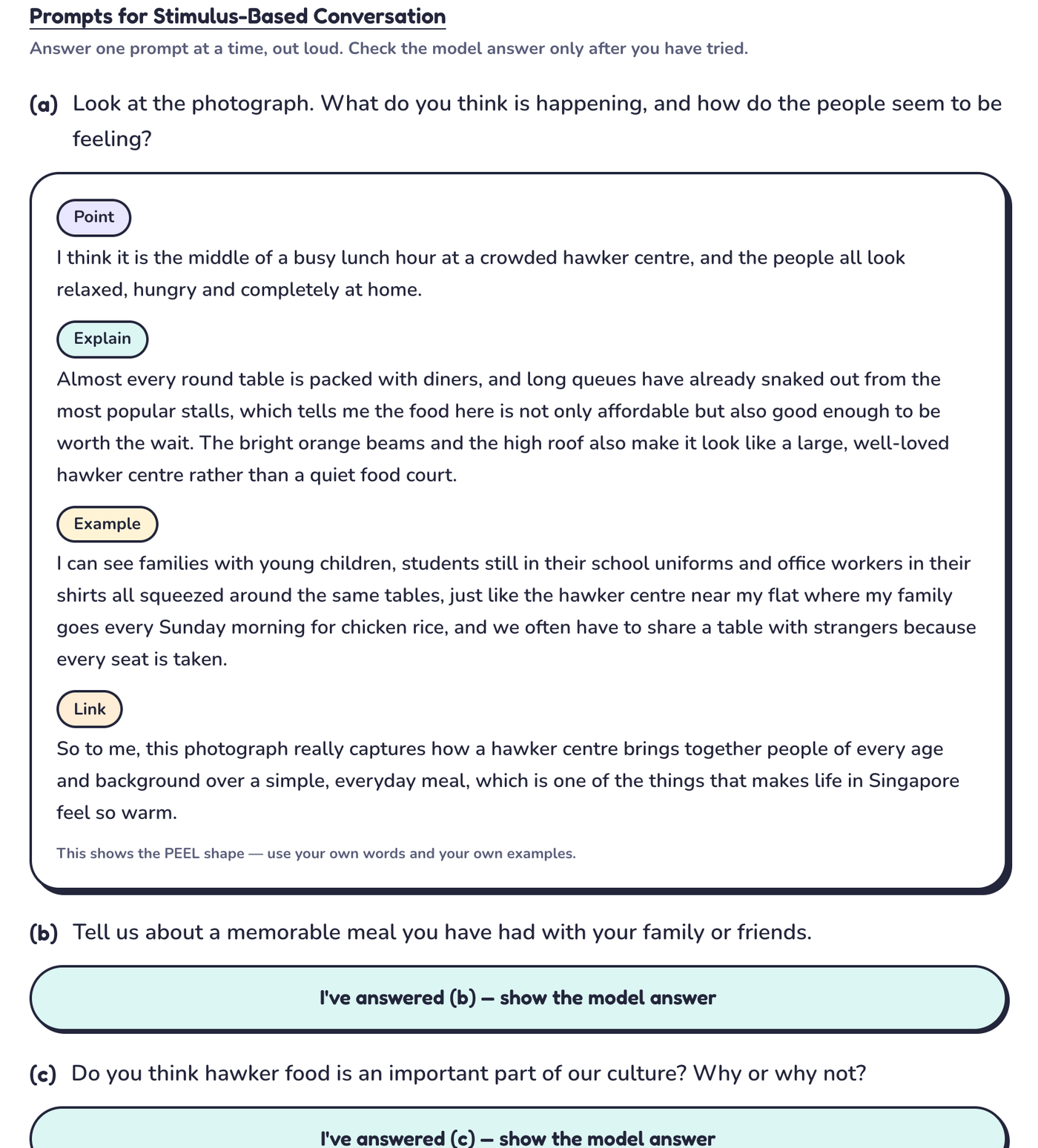 A model answer for the stimulus-based conversation, broken into Point, Explain, Example and Link, revealed only after the student has answered.