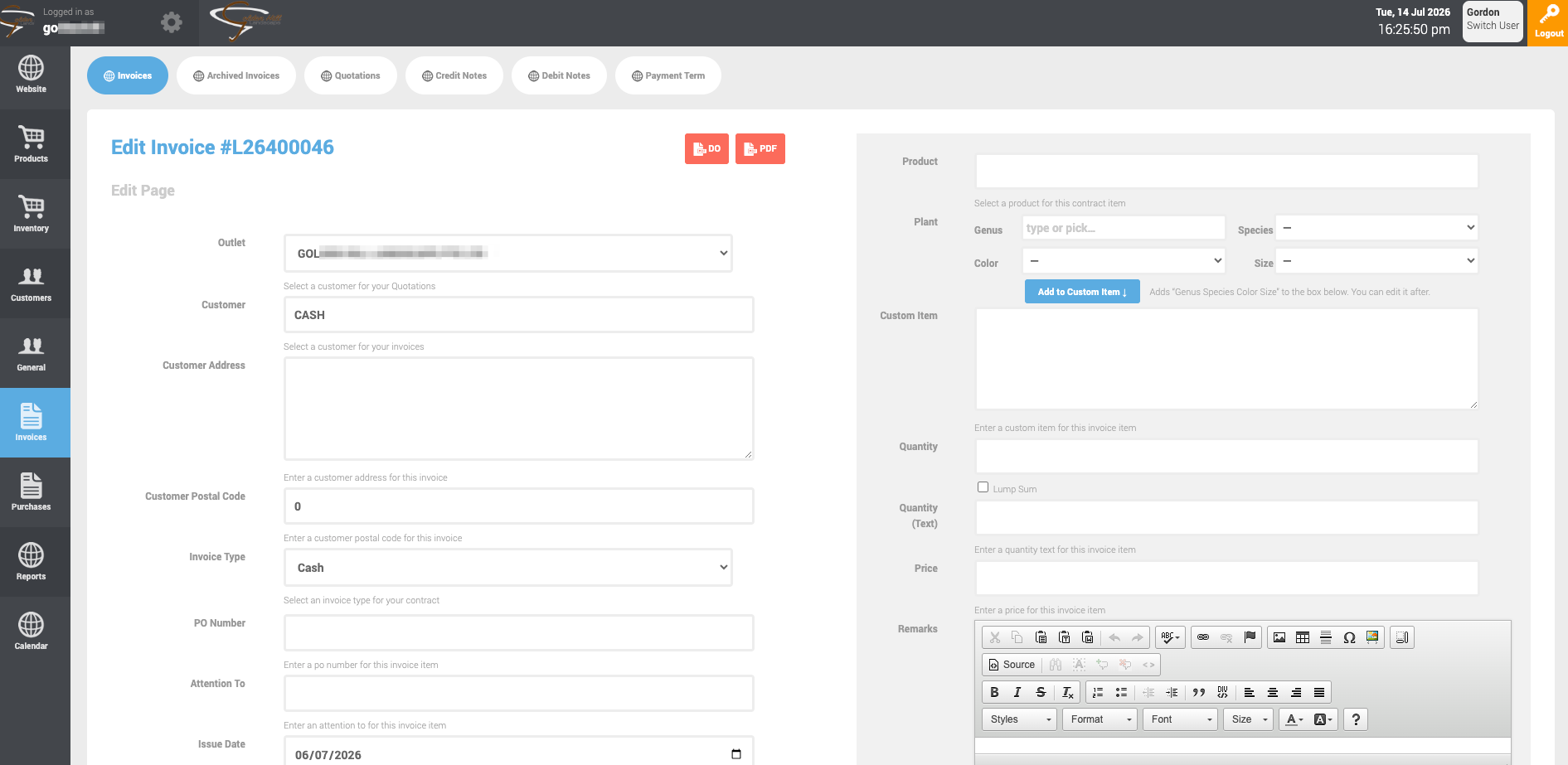 The legacy invoice editor, a dense form with genus, species, colour and size pickers feeding a free-text custom item box.