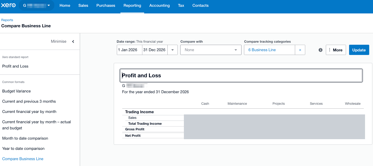 A Xero profit-and-loss report comparing business lines: cash, maintenance, projects, services and wholesale. Figures are redacted.
